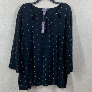 Rochelli Knit Top Blouse Black Floral NWT 3X Stretchy Long Sleeves